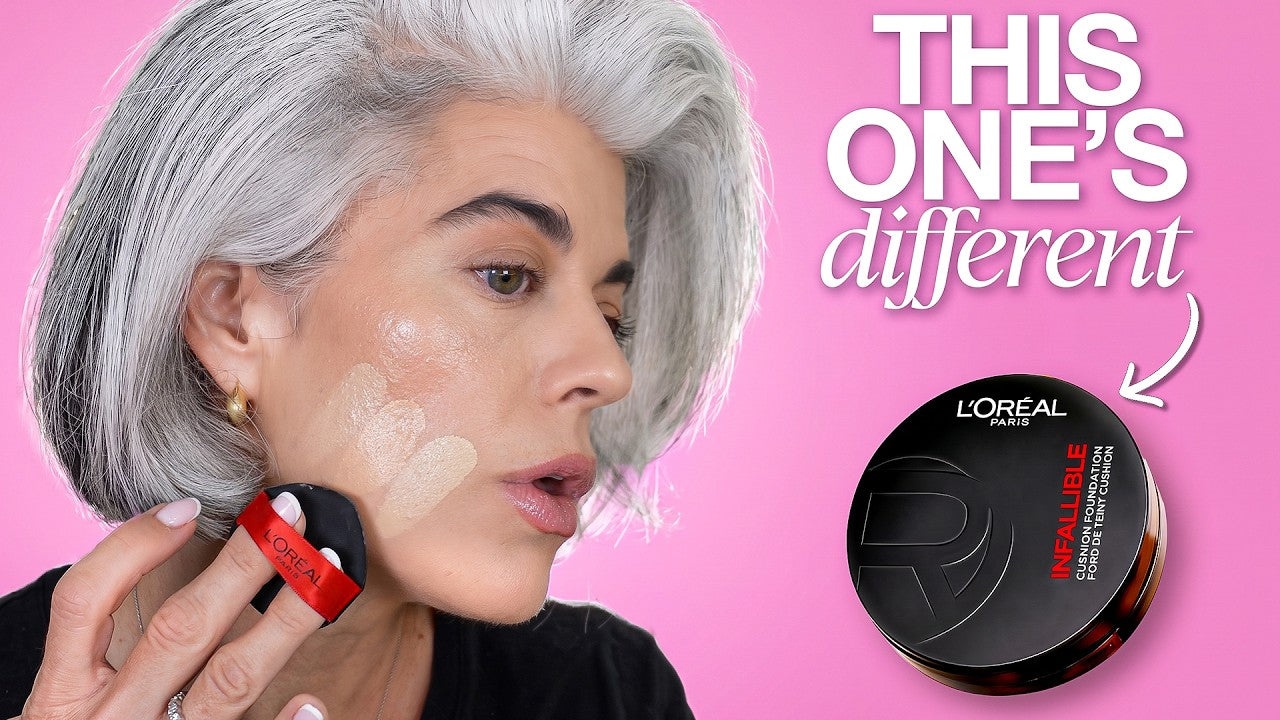 Nikol Johnson testing a drugstore cushion foundation on mature skin