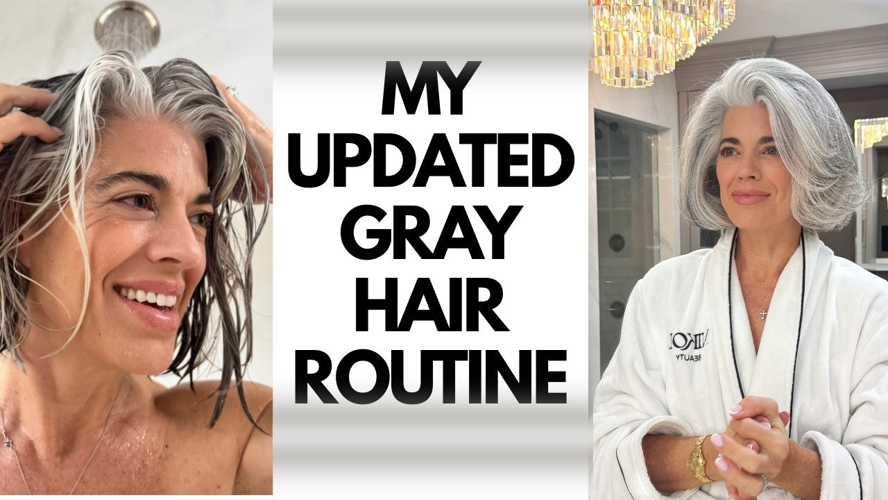Nikol Johnson sharing her full grey hair care routine celebrating ten years dye-free