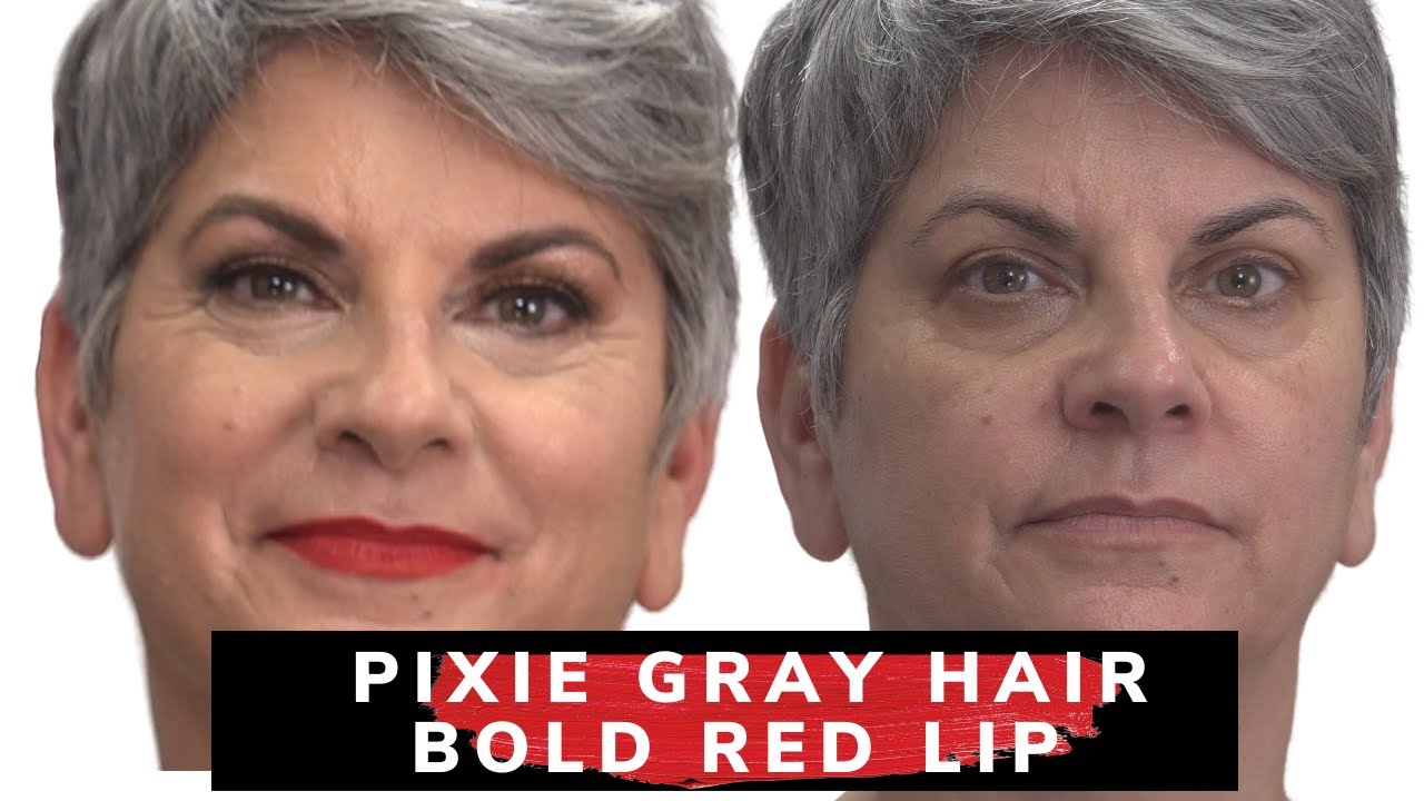 A silver pixie cut paired with a bold red lip