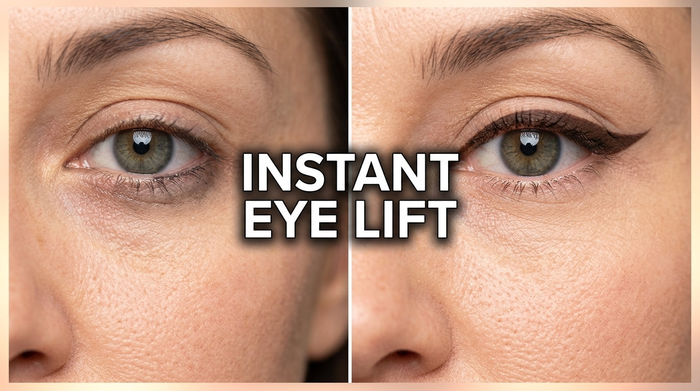 Woman's eye with a dramatic, lifted reverse eyeliner wing.