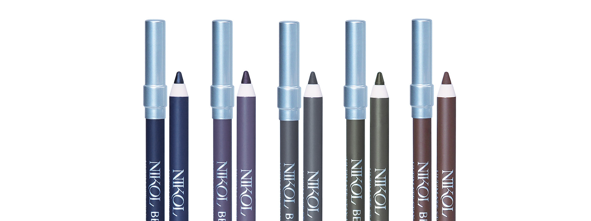 Five NIKOL BEAUTY eyeliner pencils in different colors: brown, gray, navy blue, blue, and olive green, displayed upright against a white background.