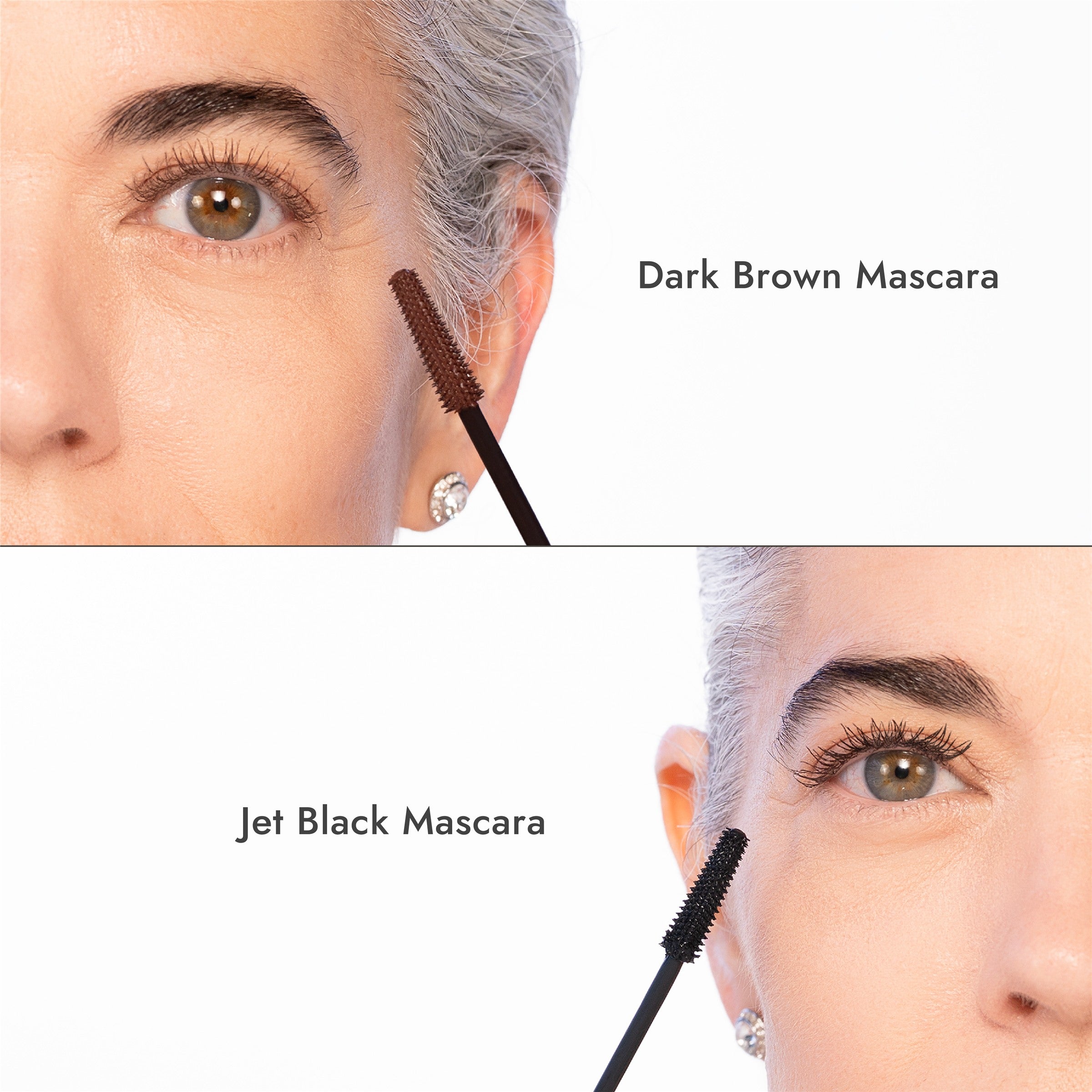VOLUME UP Mascara in Dark Brown and Jet Black, each shown on mature lashes with its wand