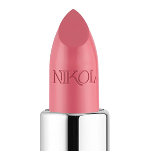A close-up of Nikol Beautys Actually, I Can Shiny Velvet Cream Lipstick #33 in pink, set in a shiny silver tube. The vegan formula boasts an ultra-creamy texture with a smooth, rounded tip embossed with the brand name, ready for application.