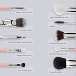 Nine labeled makeup brushes from the Nikol Beauty Essential Makeup Brush Set, each featuring unique brush heads and sizes, are arranged on a light gray background. The labels indicate a variety of uses—blending, foundation, concealer, blush, eyeshadow, spoolie, and powder—making this vegan set an ideal travel kit for your daily routine or on-the-go touch-ups.