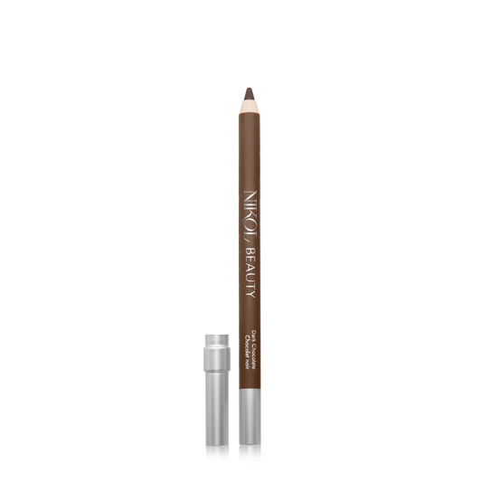 The WaterProof Eyeliner Pencil by Nikol Beauty, ideal for mature eyes, features high pigments and a long-lasting effect. This brown pencil has a pointed tip and is displayed against a white background, with its translucent silver cap beside it.