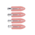 Four pink No-Crease Hair Clips by Nikol Beauty with metal hinges, arranged vertically on a white background—perfect for enhancing your beauty routine.