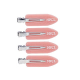 Four pink No-Crease Hair Clips by Nikol Beauty with metal hinges, arranged vertically on a white background—perfect for enhancing your beauty routine.