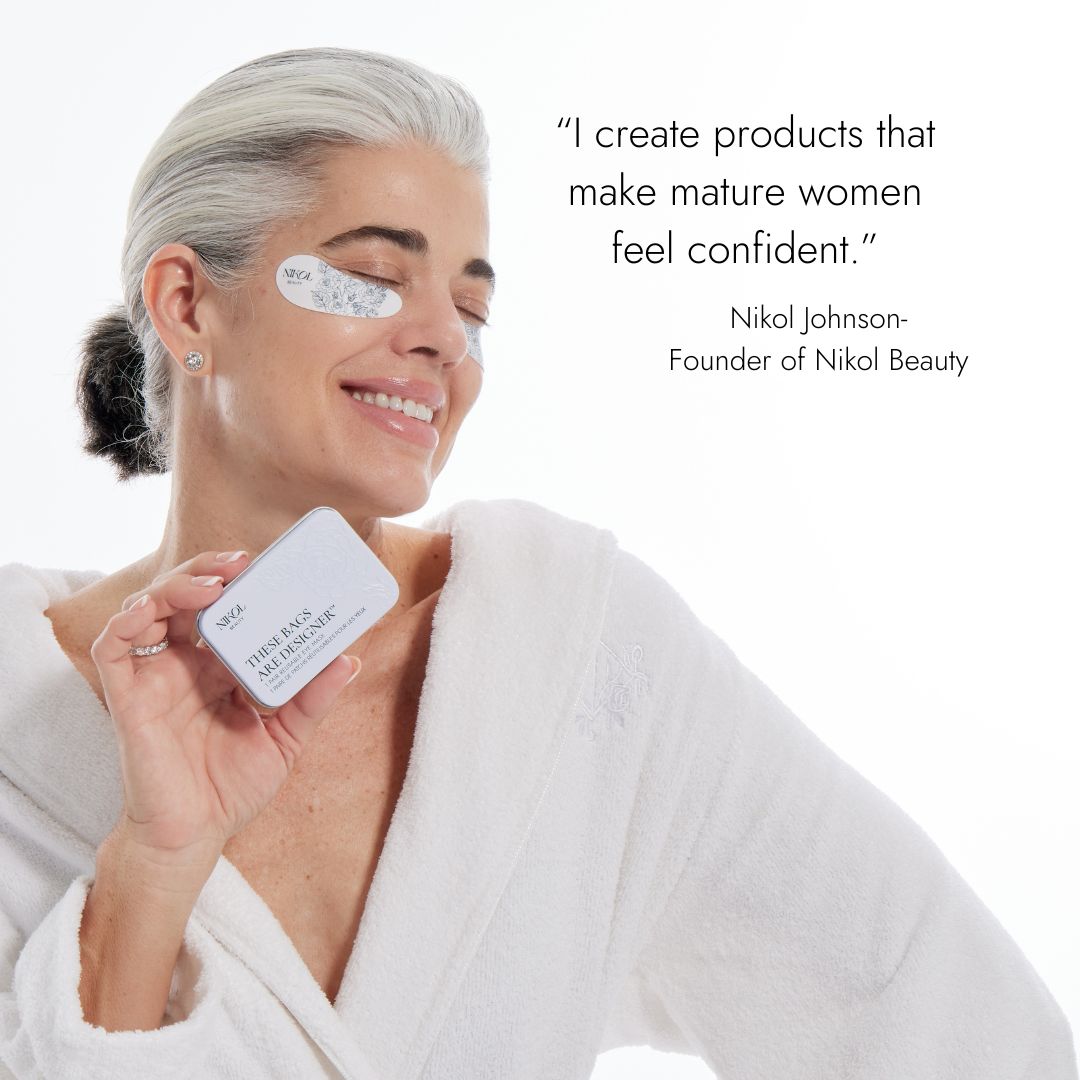 Nikol wearing an eye mask and holding the tin, with her quote: I create products that make mature women feel confident