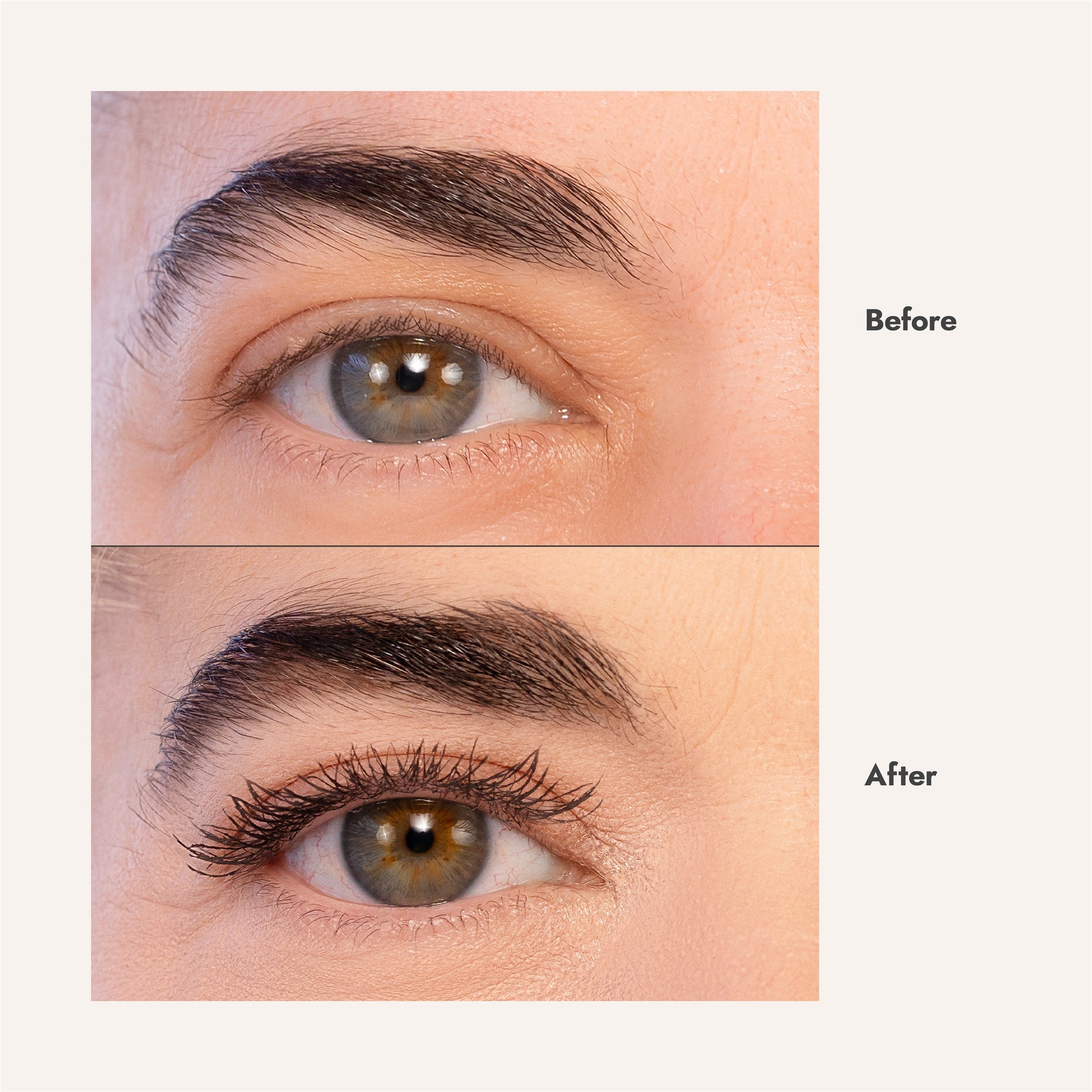 Before and after: sparse mature lashes, then fuller and lifted with VOLUME UP Mascara
