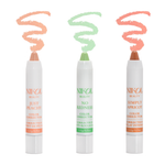 Three color corrector sticks from Nikol Beauty's Color Corrector Collection stand upright on a white background with spiral swatches above: Just Peachy (peach), No Redness (green), and Simply Apricot (apricot) for targeted color correction.
