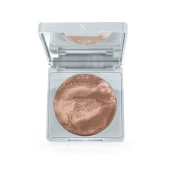 Nikol Beautys Crème Brûlée is a cruelty-free bronzer in a metallic, square compact with a mirrored lid, featuring marbled hues of lighter and darker browns for a radiant finish ideal for mature skin.