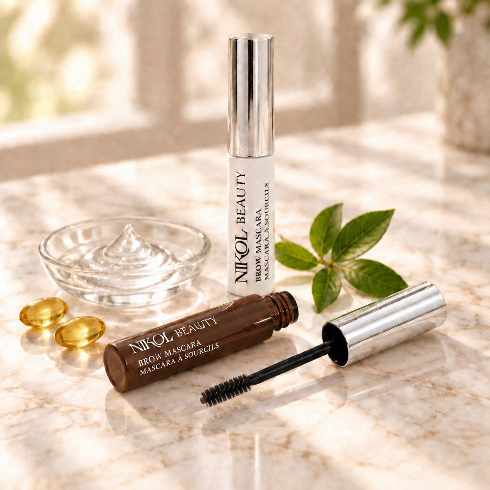 The Cocoa Brow Mascara uncapped beside its spoolie and the Clear Brow Mascara on warm marble with a dish of clear gel, vitamin E capsules and fresh leaves in morning light
