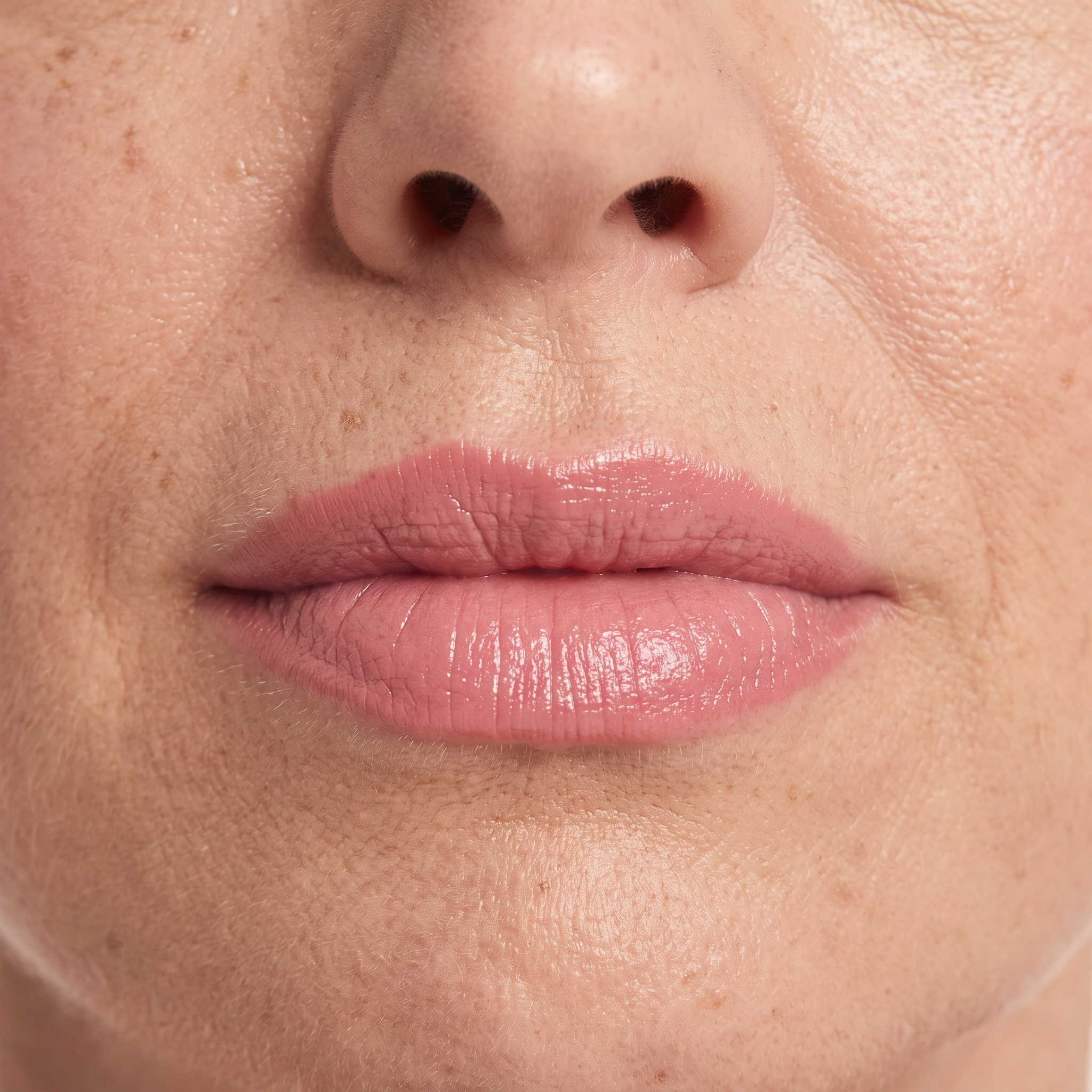 Macro close-up of Nikol's lips in smooth, even rose-pink lipstick with a soft sheen from the balm underneath