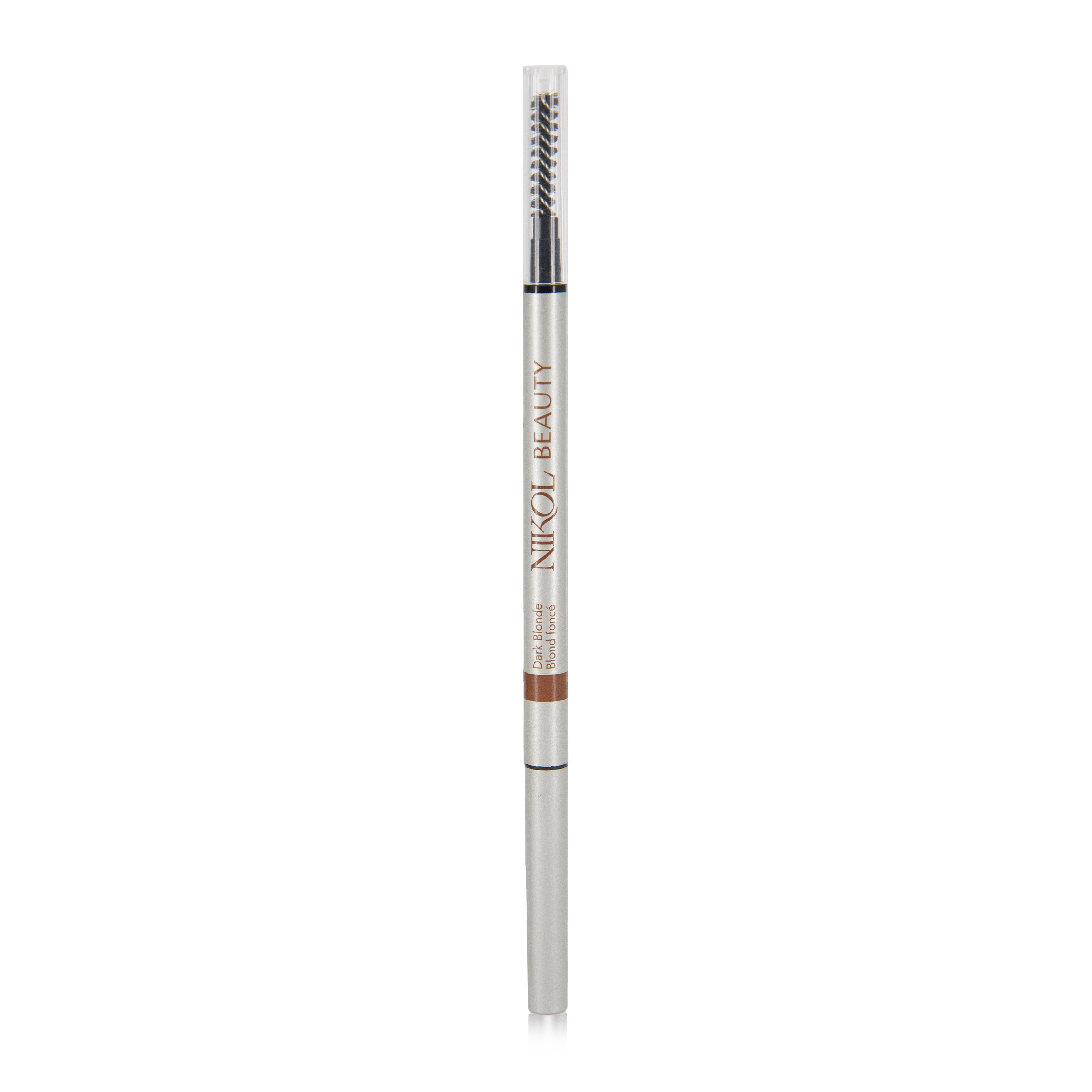 Nikol Beautys Skinny Brow Pencil offers ultra-smooth, flawless brow definition with a retractable precision tip and spoolie brush, encased in sleek silver with the brand name.