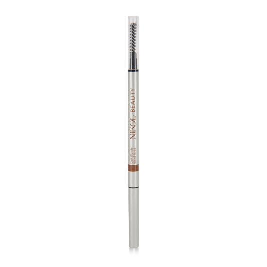 Nikol Beautys Skinny Brow Pencil offers ultra-smooth, flawless brow definition with a retractable precision tip and spoolie brush, encased in sleek silver with the brand name.