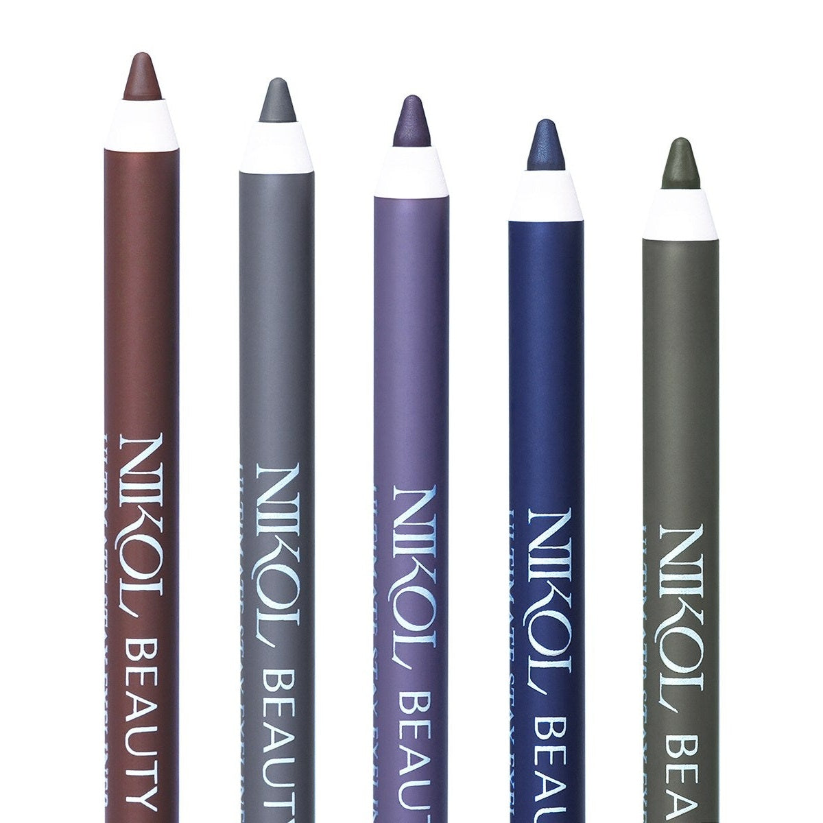 All five Nikol Beauty WaterProof Eyeliner Pencils standing upright: Dark Chocolate, Charcoal, Plum, Navy and Deep Green