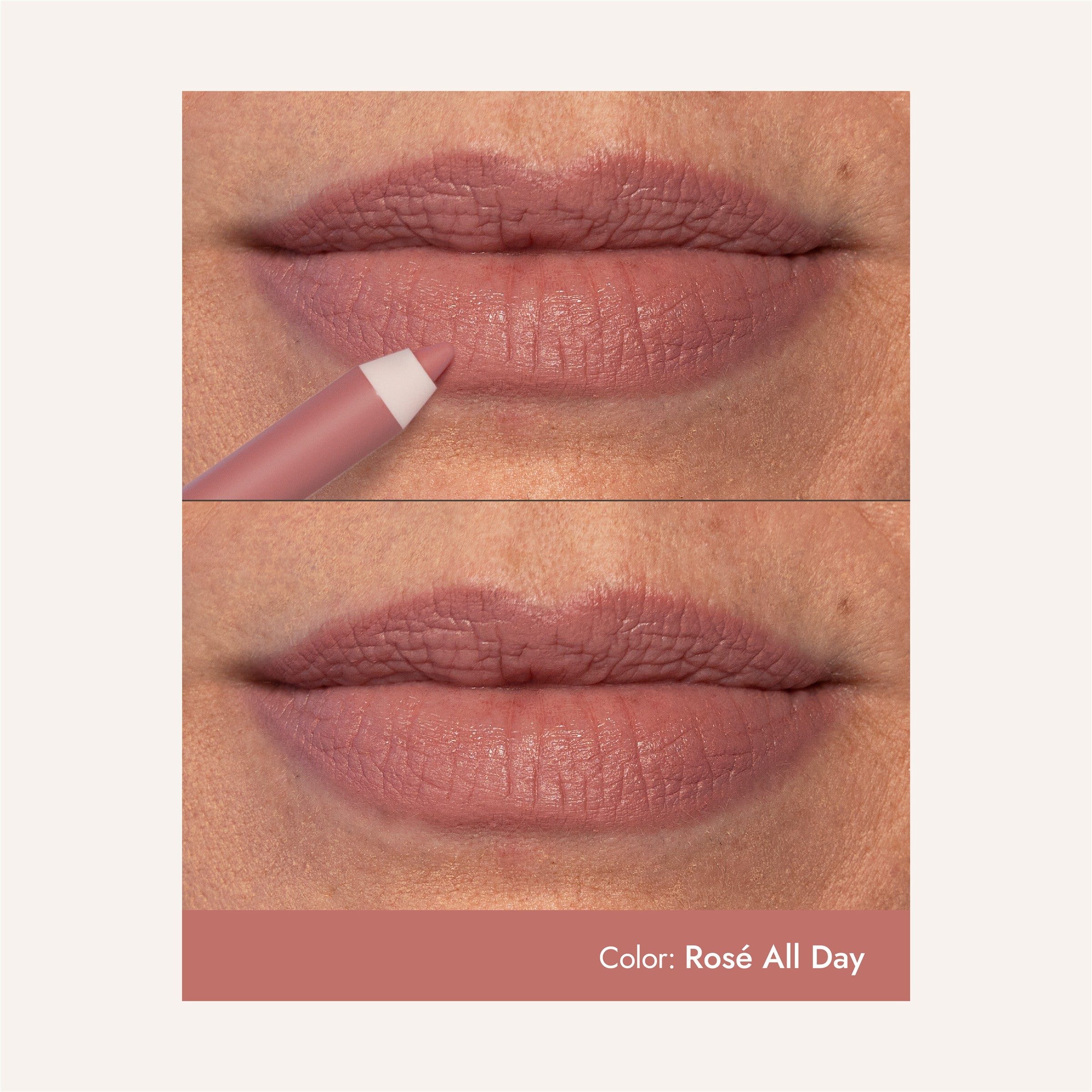 Rose All Day WaterProof Lip Liner being applied, then shown lining mature lips