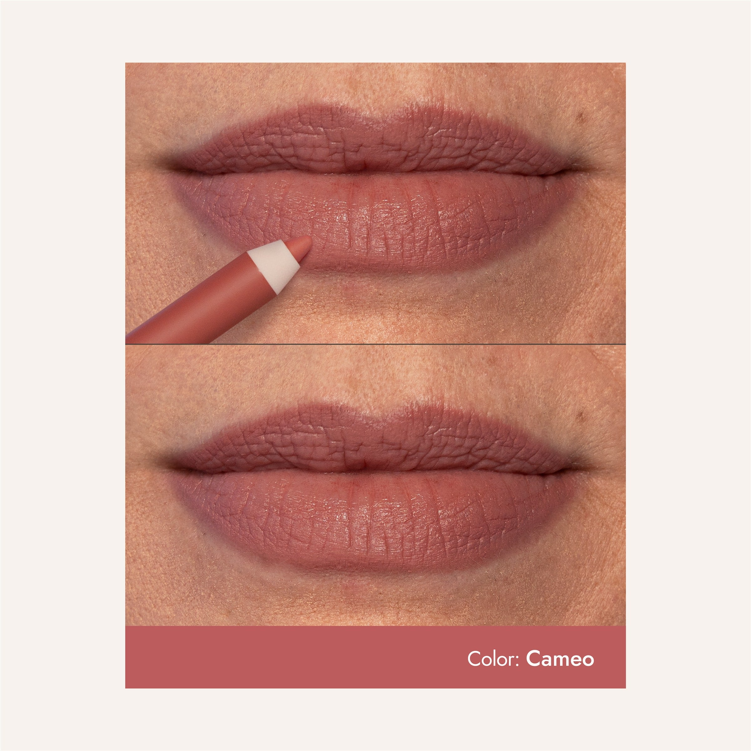 Cameo WaterProof Lip Liner being applied, then shown lining mature lips