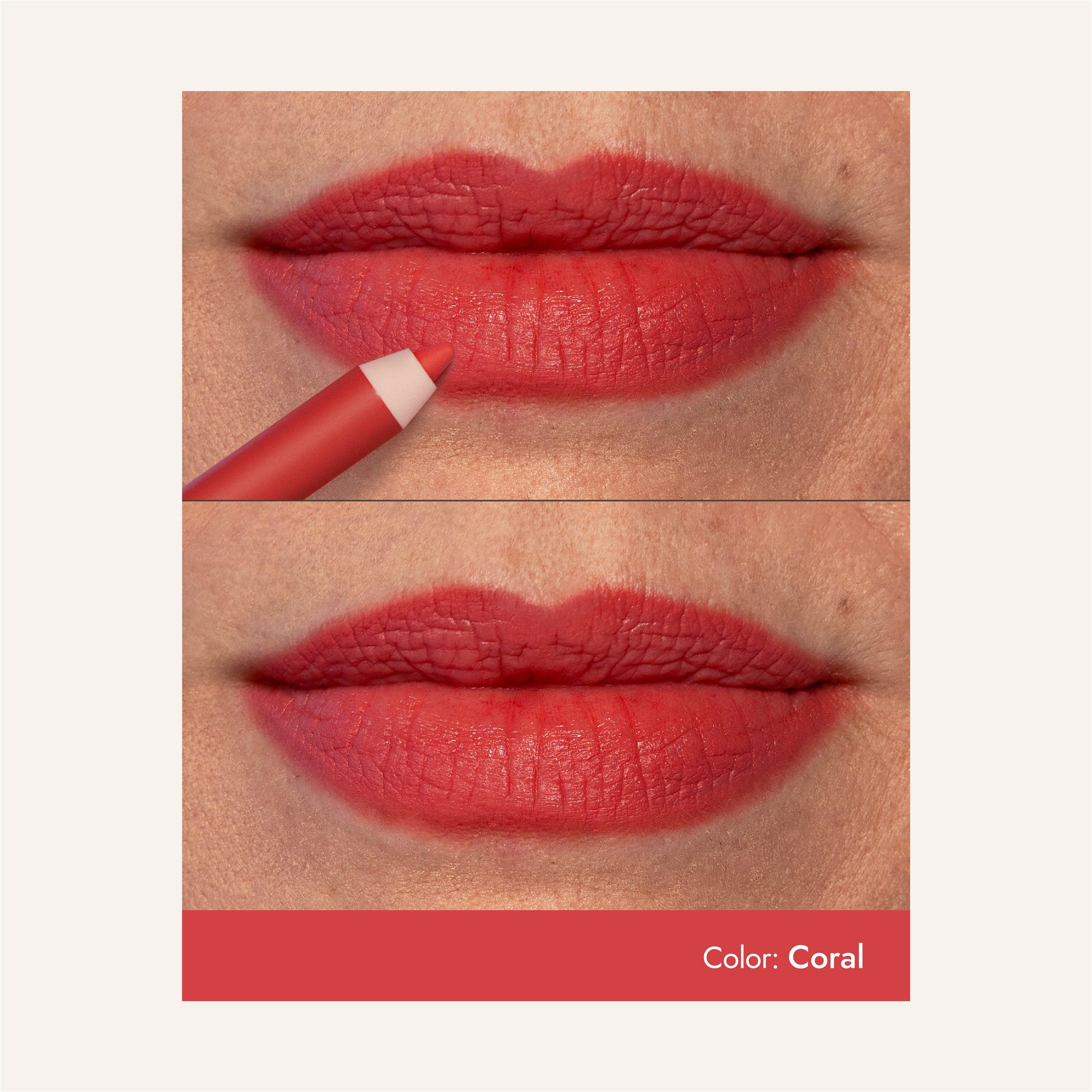 Coral WaterProof Lip Liner being applied, then shown lining mature lips