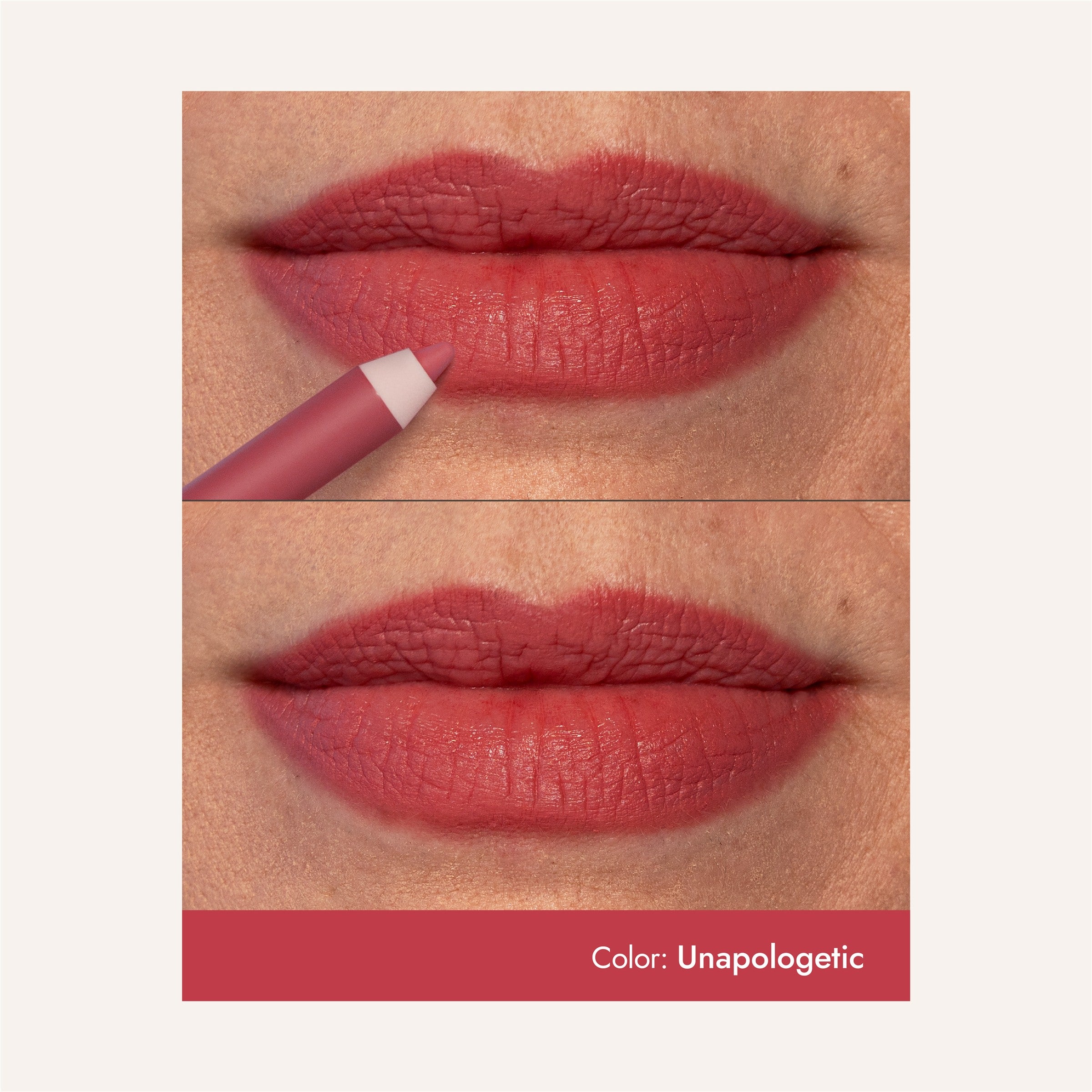 Unapologetic WaterProof Lip Liner being applied, then shown lining mature lips