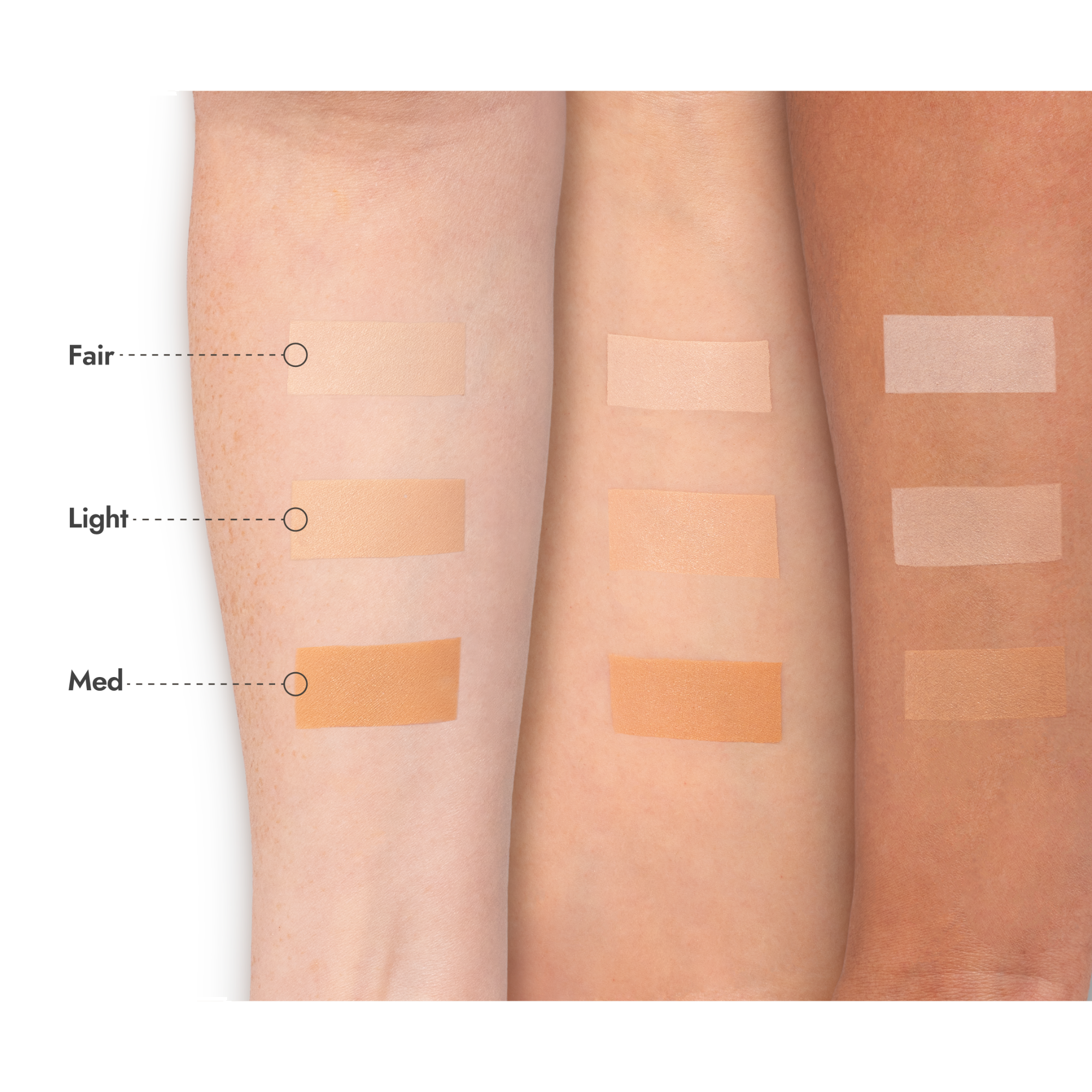 Fair, Light and Medium Creamy Concealer swatches on three different skin tones, covering freckles and uneven tone