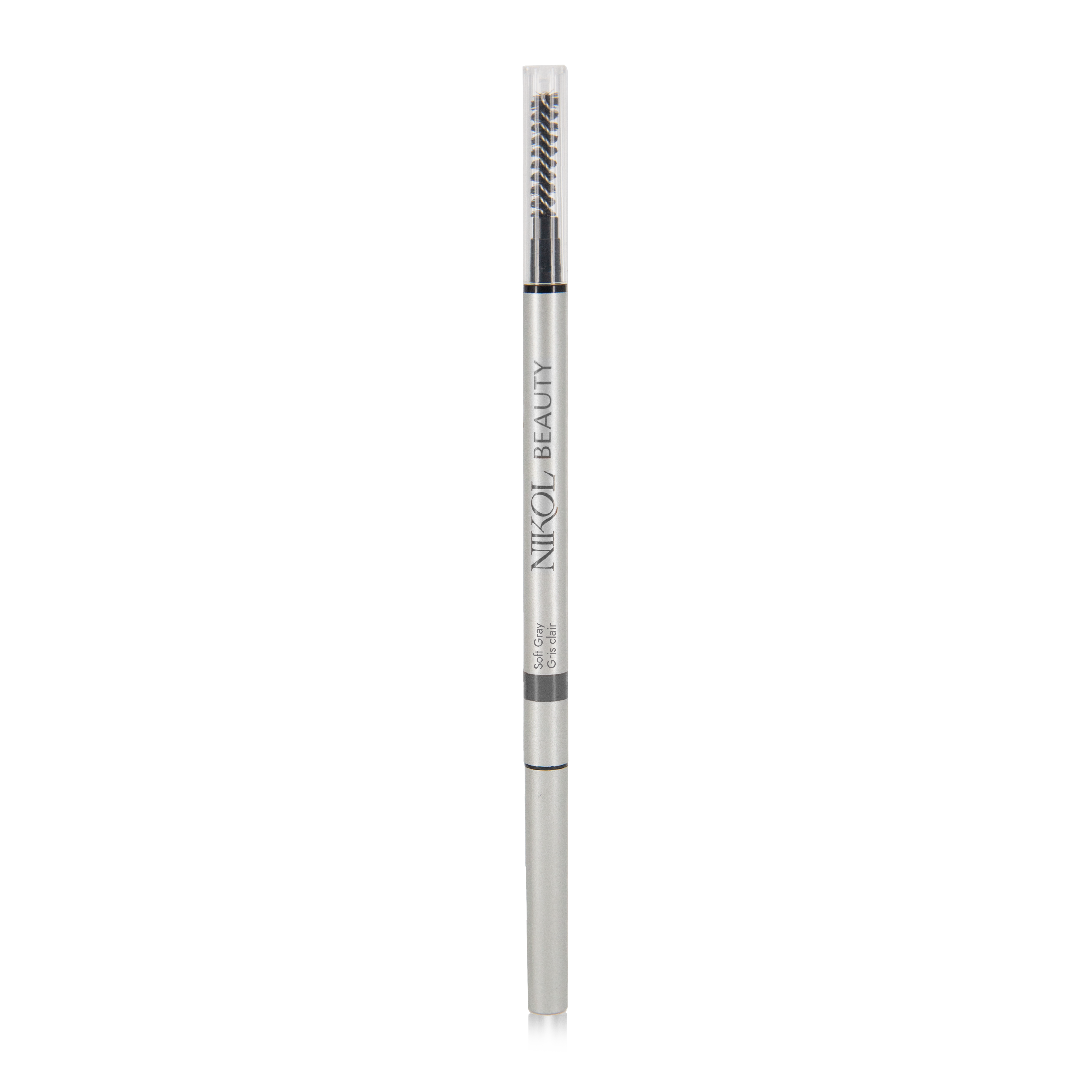 The Skinny Brow Pencil by Nikol Beauty features a sleek silver design with an ultra-smooth formula. It has Nikol Beauty in black vertical text and includes a spoolie brush on one end and a retractable tip for perfect eyebrow definition.