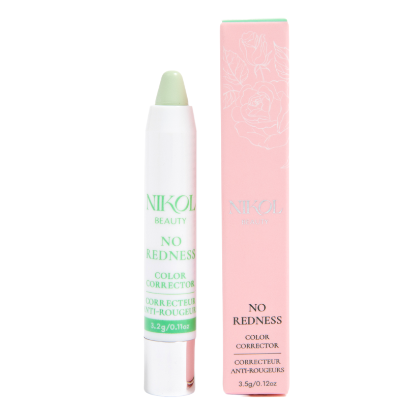 Nikol Beautys No Redness Color Corrector in minty green provides medium to full coverage. It comes in a pink box with floral designs, and both the stick and packaging feature the brand name elegantly printed.