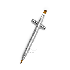 The Nikol Beauty Concealer/Lip Brush features an innovative dual-ended design with a sleek metallic handle. One end has a small pointed precision concealer brush, while the other has a larger rounded brush. The text Concealer Mixing Brush is visible on the handle.