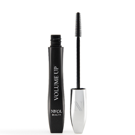 A black tube of VOLUME UP Mascara by Nikol Beauty is shown. With the silver cap removed, it reveals a unique wand with fine bristles, ideal for adding volume, perfect for mature women wanting vibrant lashes.